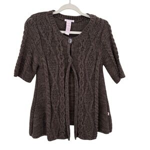 Pink Cardigan Brown Cable Knit Short Sleeve 2 Button Y2k Cardigan Cottagecore L